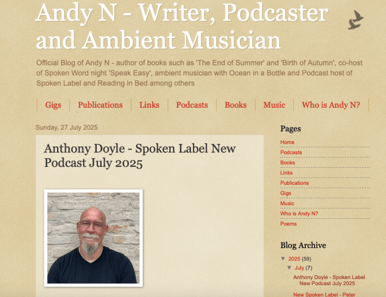 Portrait of Andy N, a writer and podcaster, featured on his official blog announcing a podcast episode with Anthony Doyle.